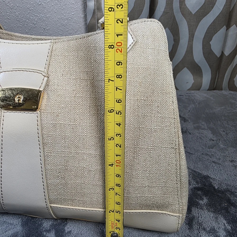 Etienne Aigner Cream and Tan Linen Shoulder Bag.